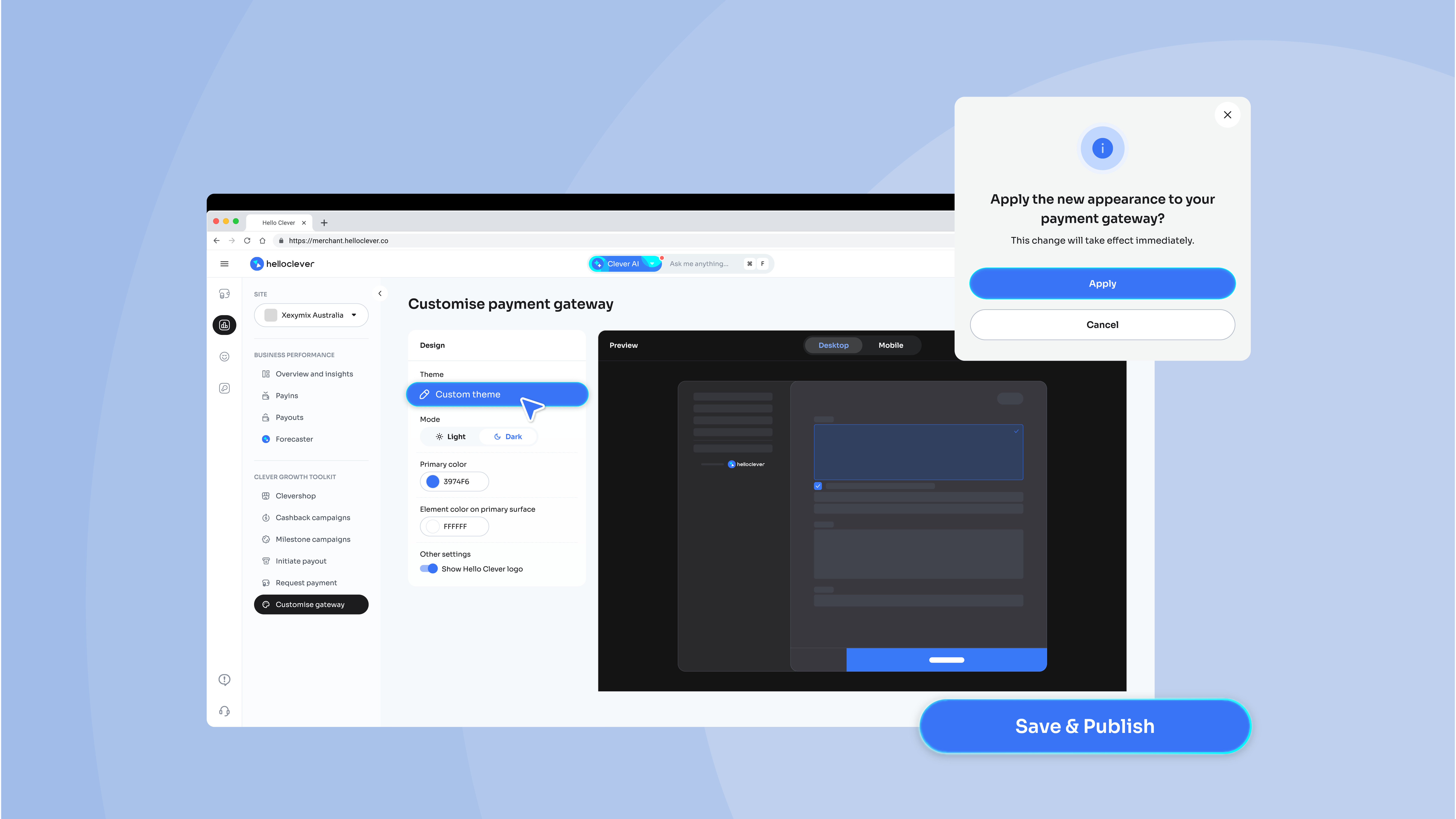 Hello Clever Payment Gateway, Checkout - configurable to brand visual identity
